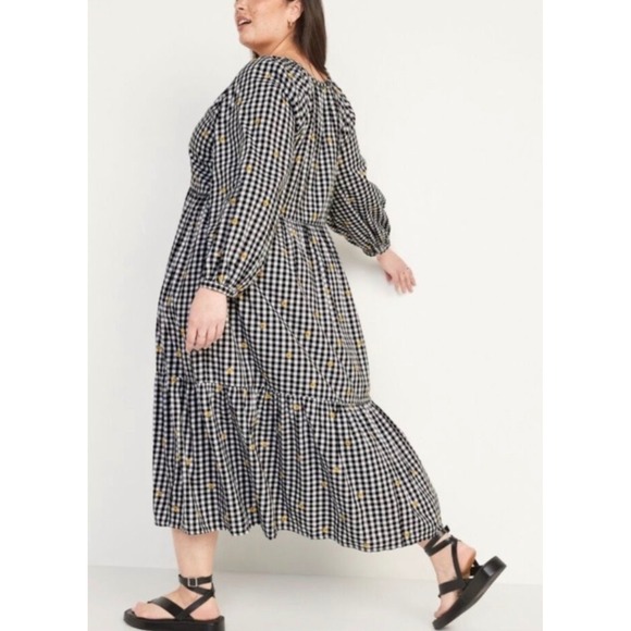 Old Navy Dresses & Skirts - Old Navy Gingham Floral Embroidered Tiered Midi Dress Black White Yellow size XL